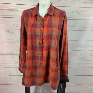 Toad & Co Mixologist Orange Plaid Button Front Long Sleeve Tunic Pockets Medium